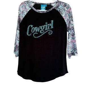 Cowgirl Hardware Rhinestone Logo Raglan Top with Paisley Sleeves Shirt Size M